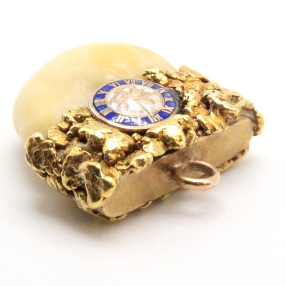 Antique 14K & 24K Gold Cast Elk Tooth BPOE Clock Masonic Nugget Pendant - Picture 5 of 6